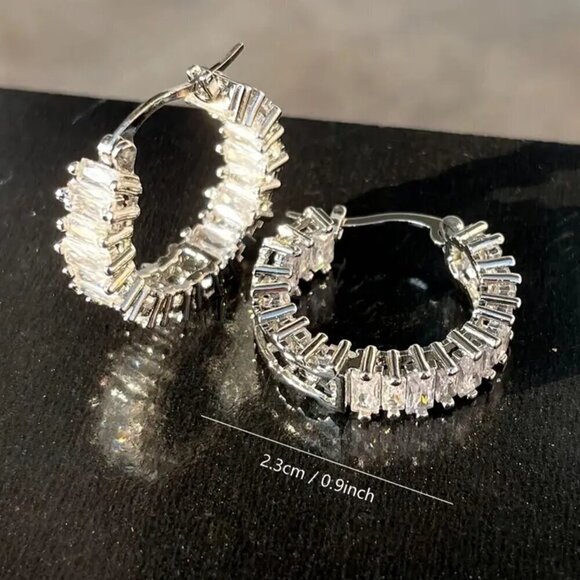 Huggie Small Hoop Earrings w/ Rectangular Stones and Tons of Bling #1419 - Picture 5 of 7